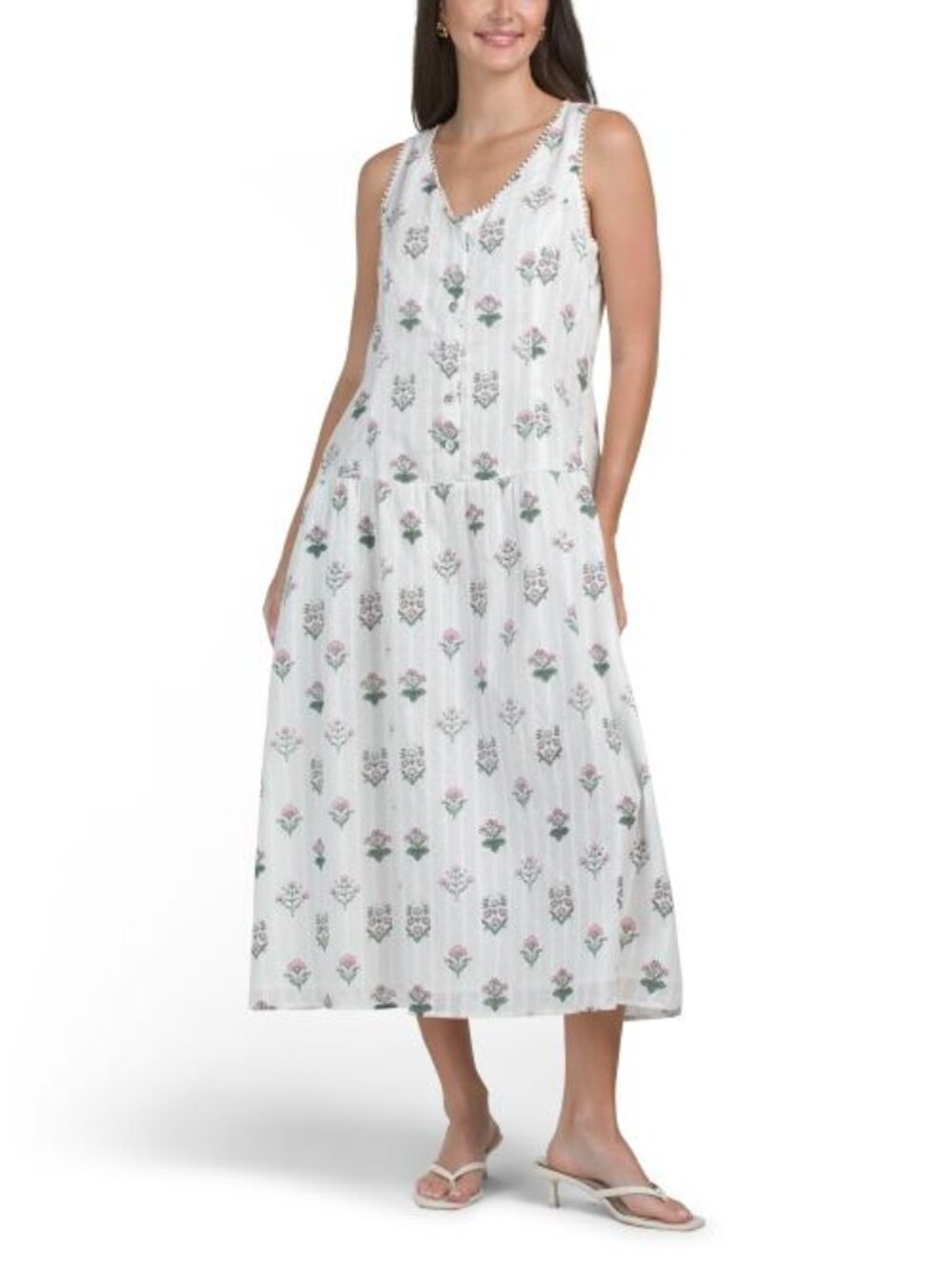 LEA Sleeveless Drop Waist Block Print Floral Maxi Dress